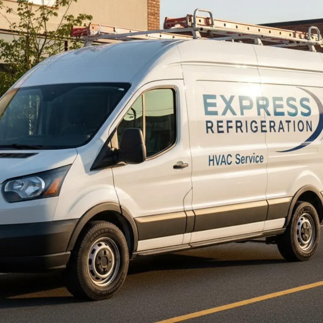Express Refrigeration Ltd HVAC service van on Calgary street with ladder rack, representing fast mobile commercial refrigeration and heating repair services