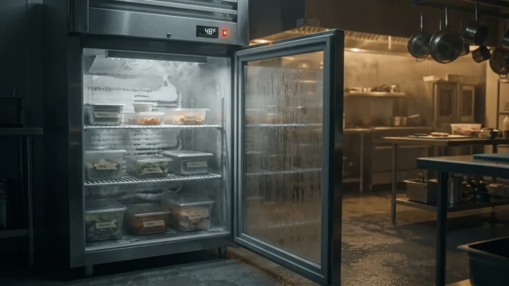Commercial refrigerator with open door showing stored food containers in a professional kitchen