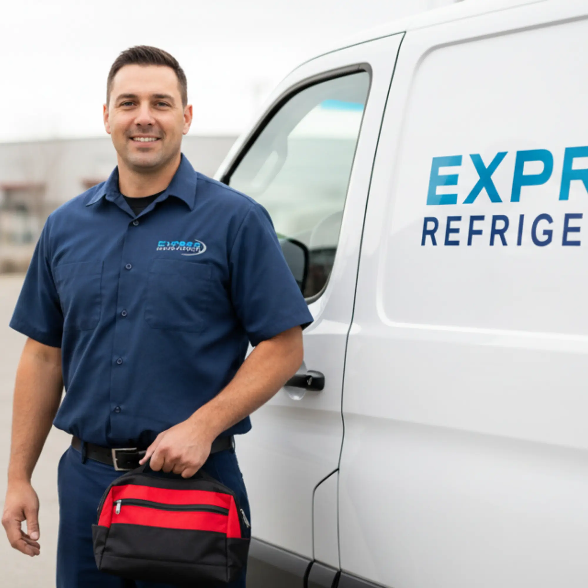 Professional Express Refrigeration Ltd technician standing beside company service van holding a red tool bag, representing reliable commercial refrigeration and HVAC service in Calgary