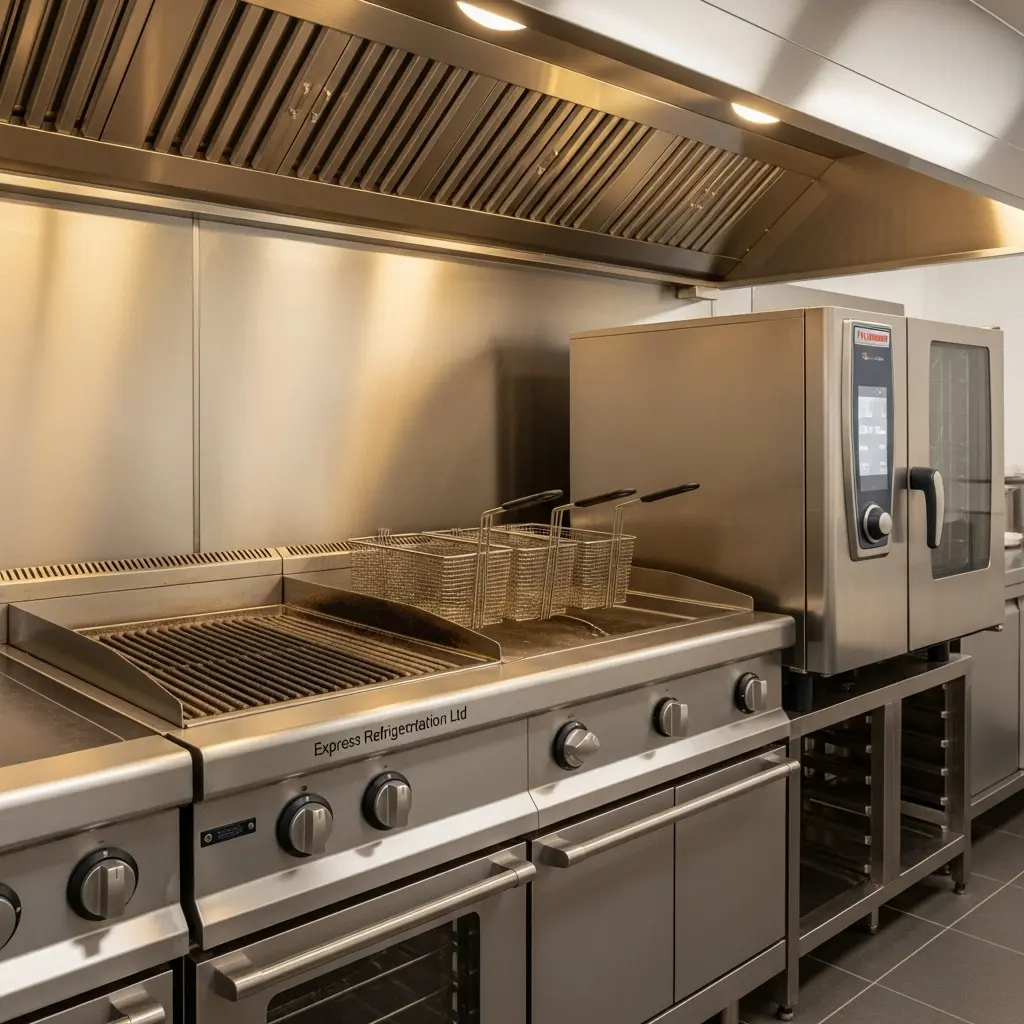 Stainless steel commercial kitchen setup with range, fryers, grill, and convection oven under a ventilation hood