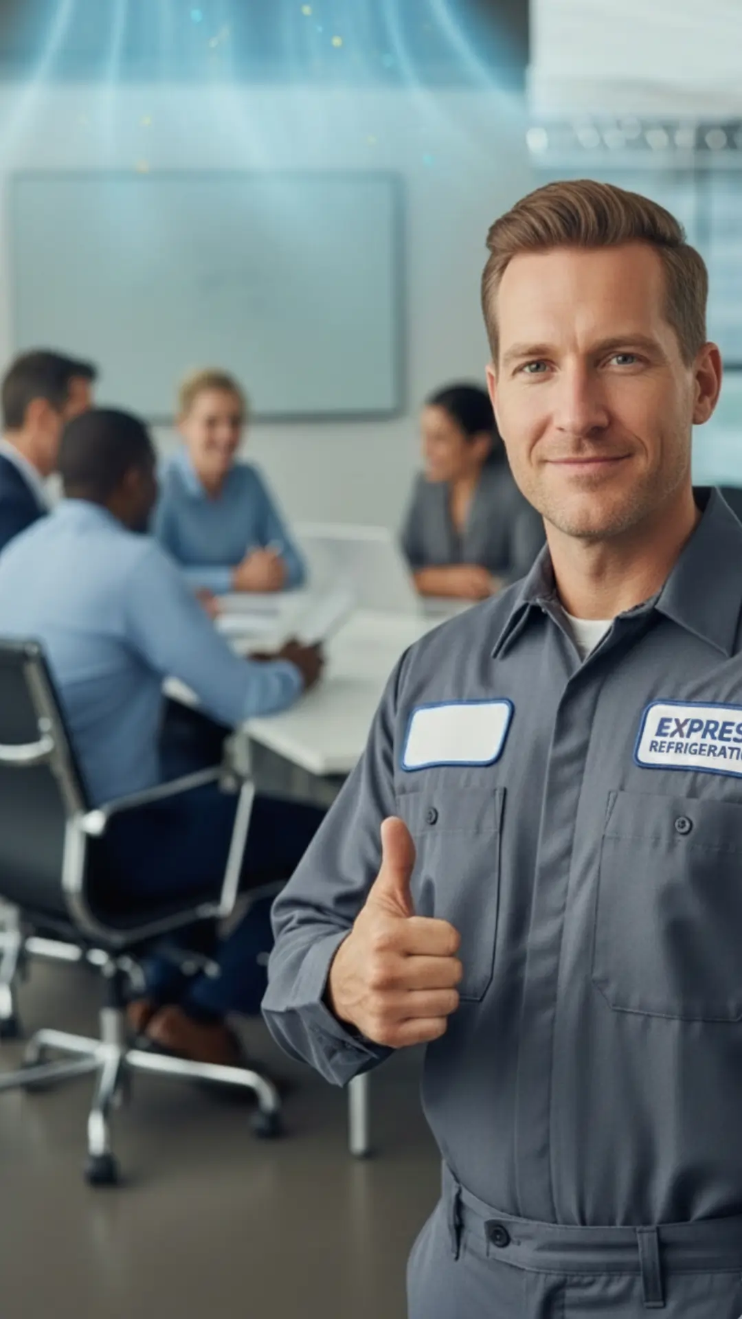 Refrigeration technician giving a thumbs-up with a team meeting in the background