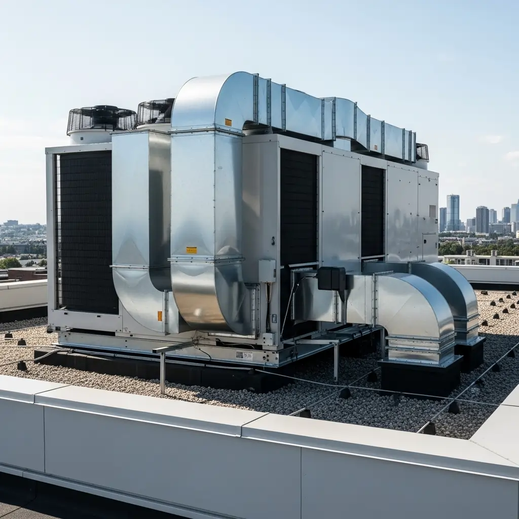Large commercial rooftop HVAC unit with metal ductwork and ventilation components