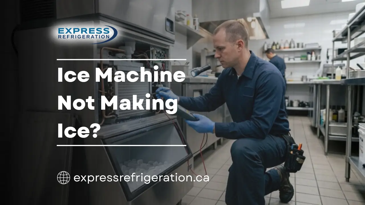 Technician diagnosing commercial ice machine not making ice in restaurant kitchen