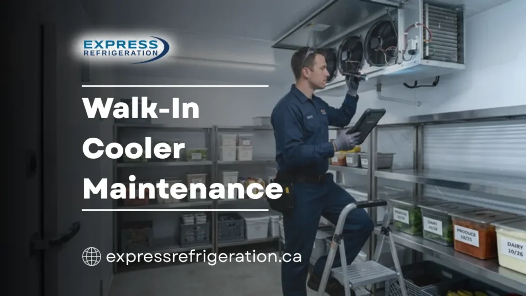 Technician performing walk-in cooler maintenance and inspection in commercial refrigeration system