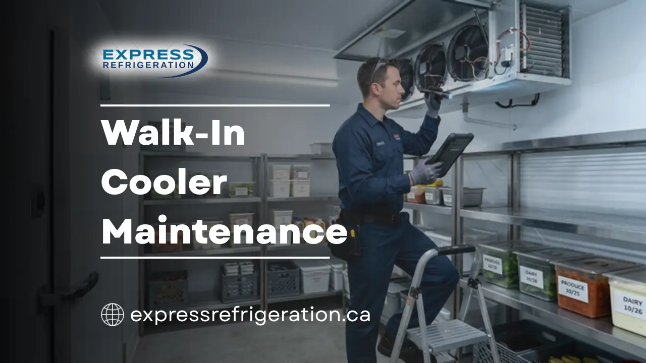 Technician performing walk-in cooler maintenance and inspection in commercial refrigeration system
