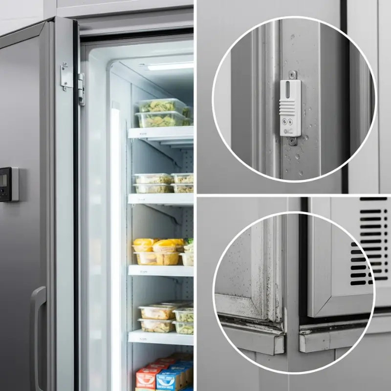 Close-up diagnostic images of a commercial refrigerator showing a temperature sensor on the door frame and a damaged door gasket causing air leaks, with the cooler interior visible on the left side.