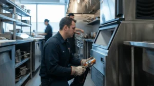 Technician diagnosing a commercial ice machine inside a restaurant kitchen