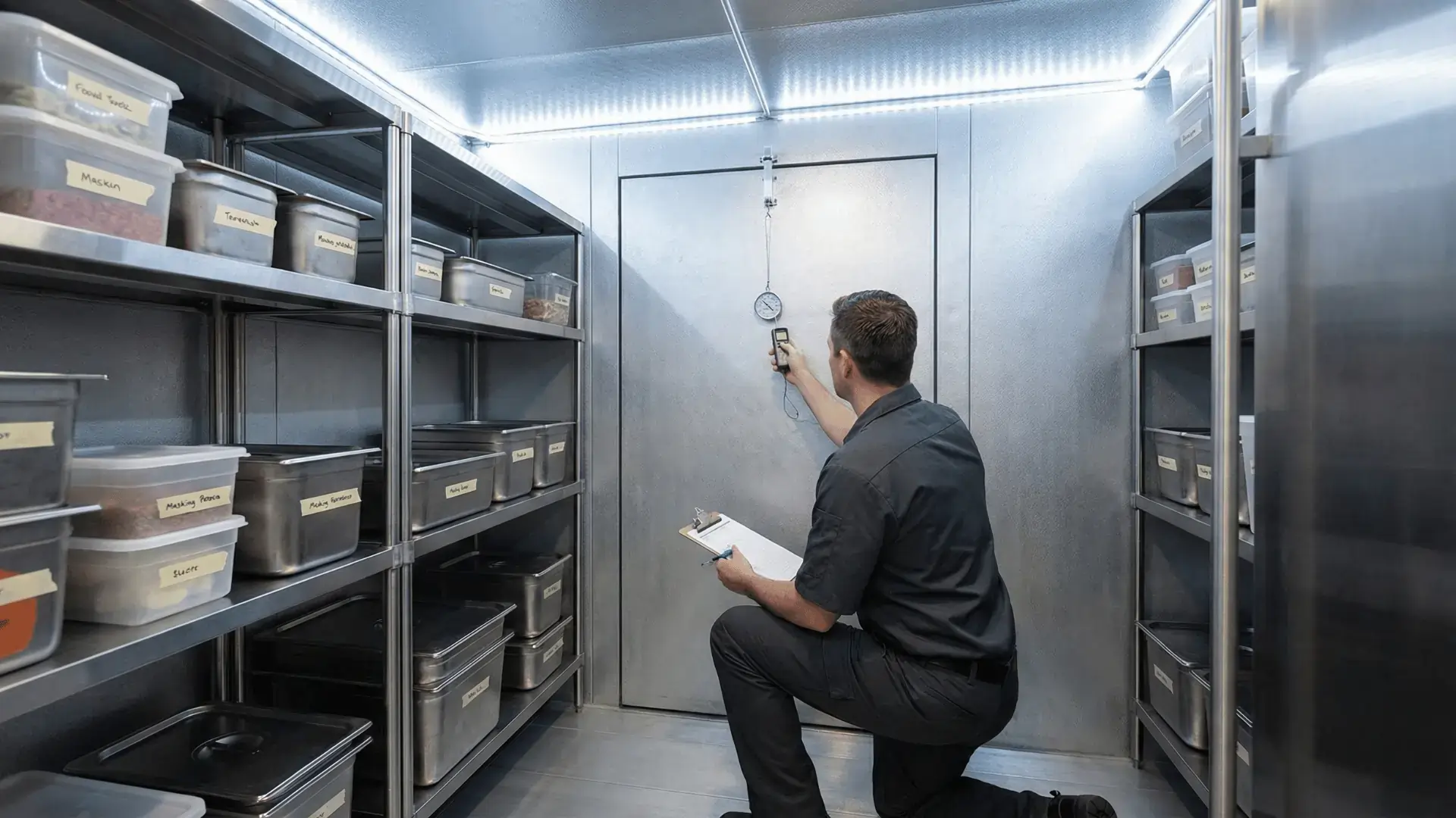 Technician checking temperature inside a commercial walk-in cooler