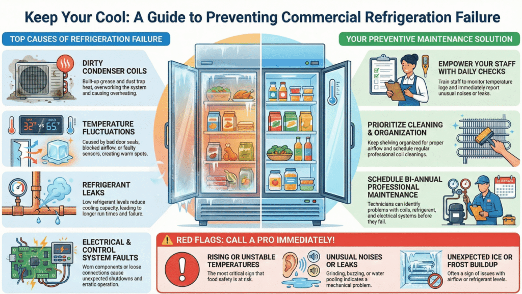 Infographic showing common causes of commercial refrigeration failure and preventive maintenance tips