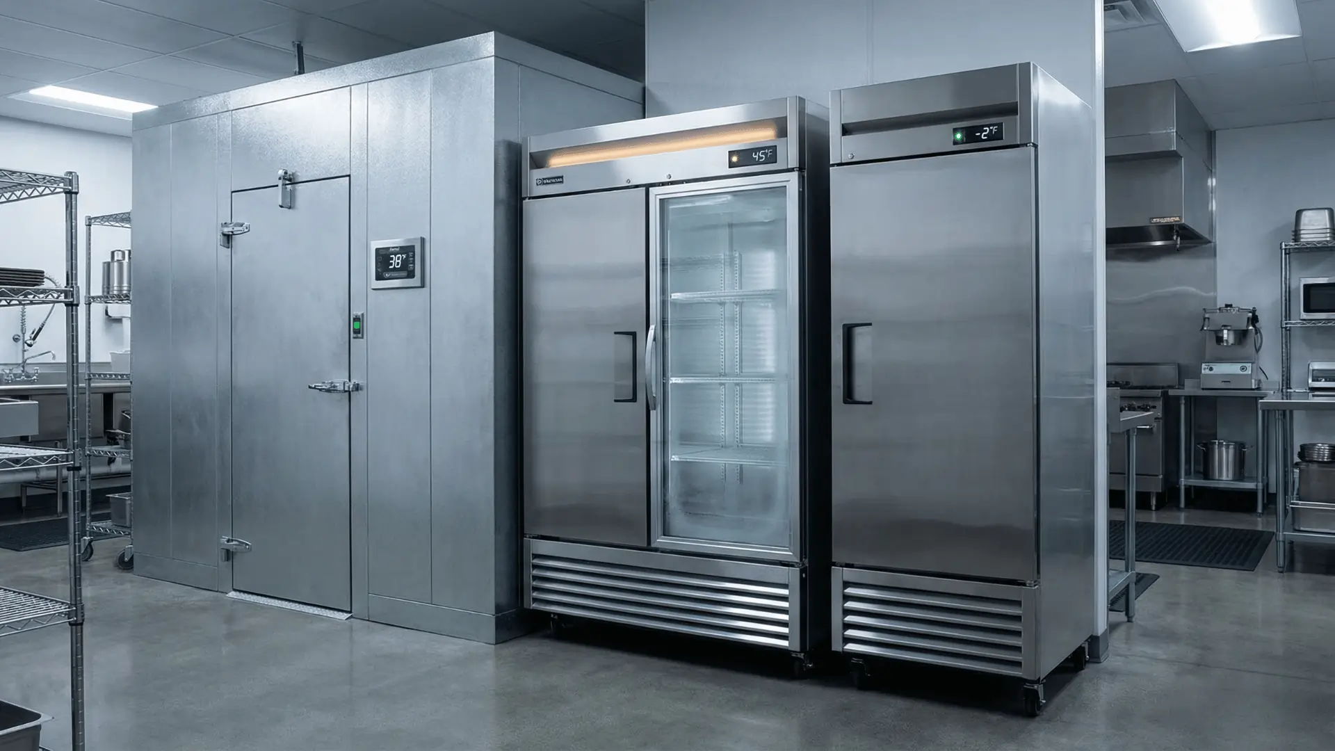 Commercial walk-in cooler and upright refrigeration units in a professional kitchen