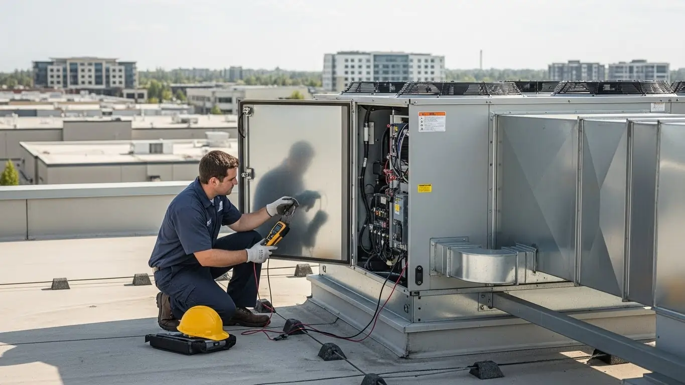 HVAC technician performing diagnostics on a commercial rooftop unit with open electrical panel