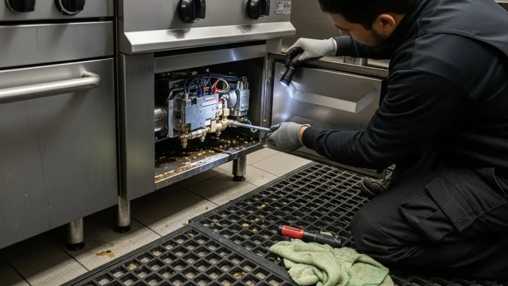 Technician inspecting internal components of a commercial kitchen appliance using a flashlight