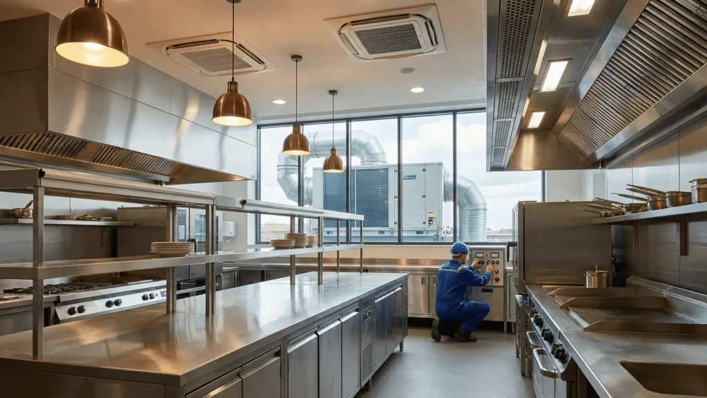 Technician inspecting HVAC system inside a commercial kitchen environment