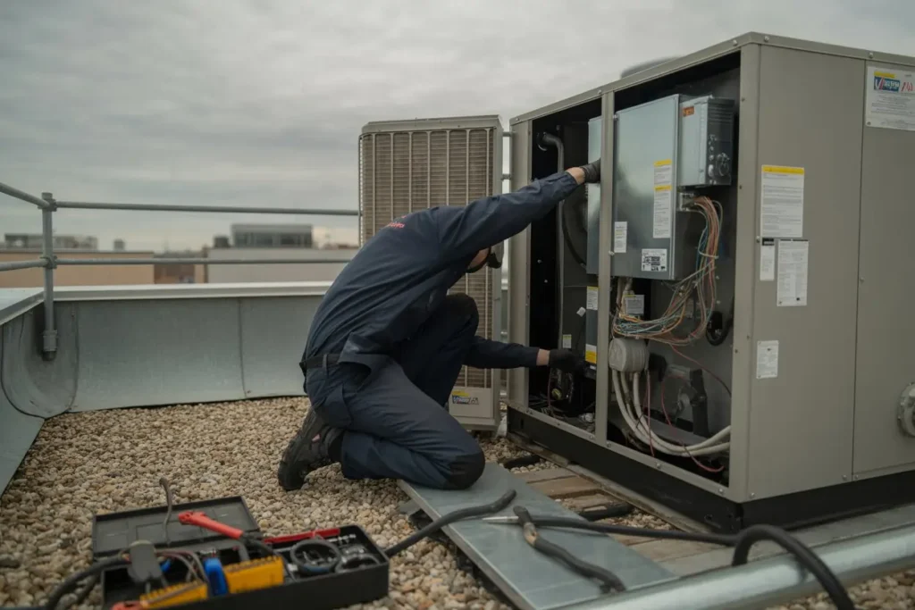 HVAC technician performing rooftop commercial unit maintenance with access panel open