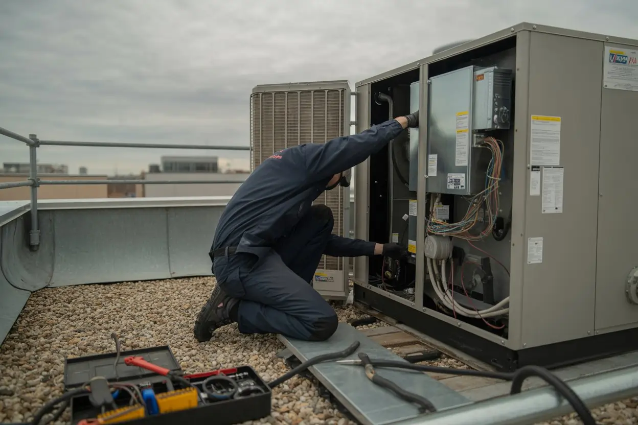 HVAC technician performing rooftop commercial unit maintenance with access panel open