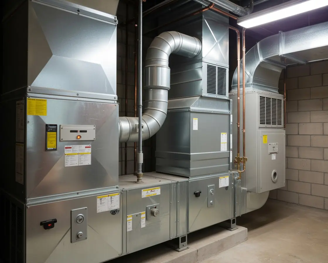 Commercial HVAC and ventilation units with ductwork installed in a mechanical room