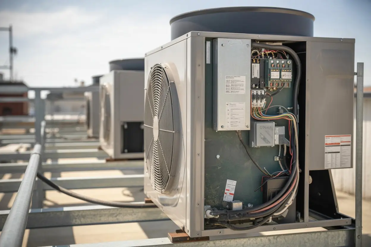 Open commercial rooftop HVAC unit showing internal electrical components during maintenance inspection
