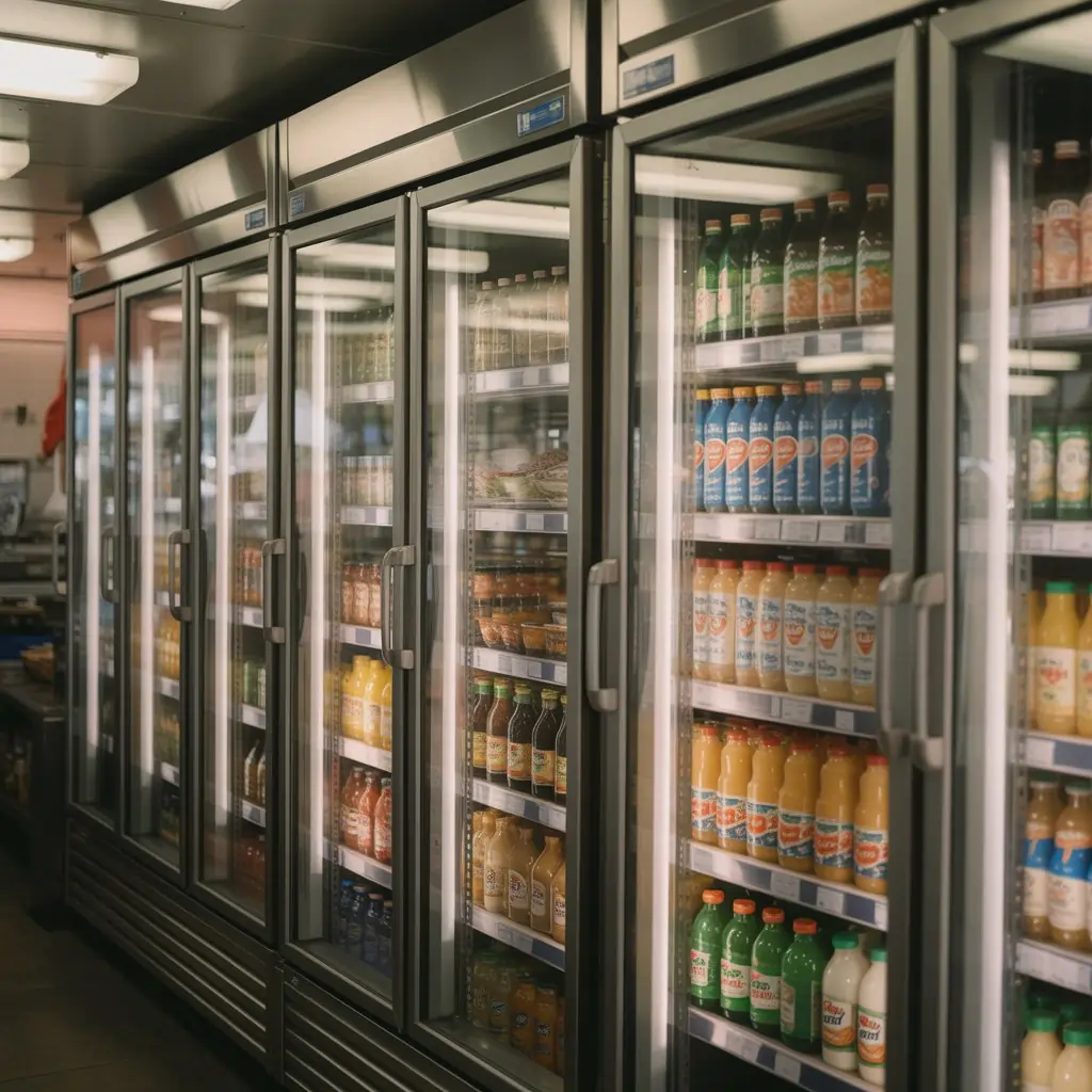 Glass door commercial refrigerators displaying bottled beverages in a retail store
