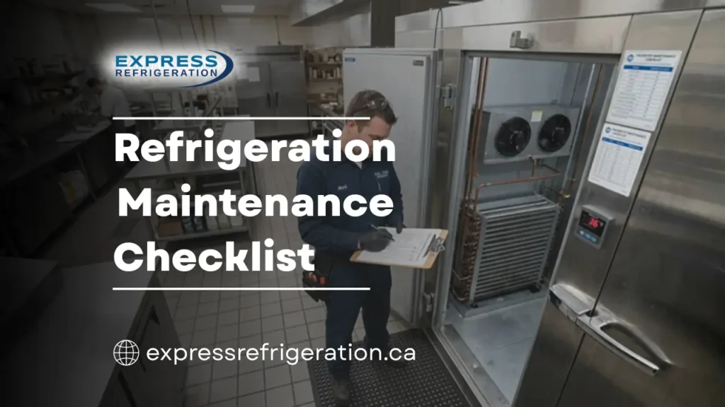Technician performing commercial refrigeration maintenance checklist on walk-in cooler system