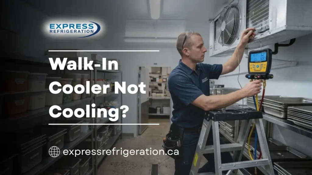 Technician diagnosing walk-in cooler not cooling in commercial kitchen refrigeration system