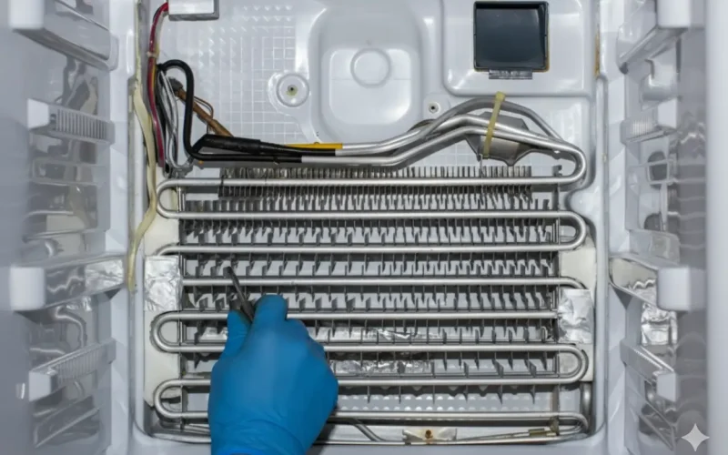 Gloved technician working on evaporator coils and wiring inside a commercial refrigeration unit
