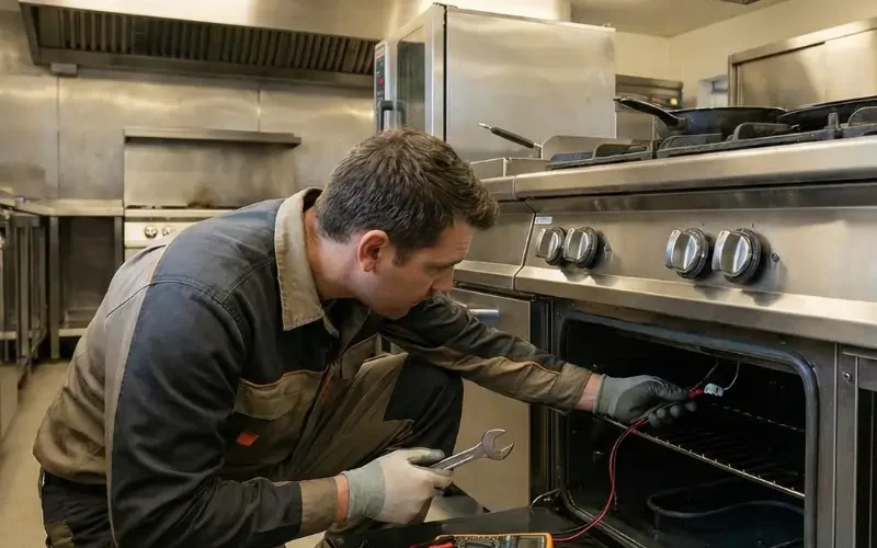 Technician inspecting and repairing a commercial oven with tools in a professional kitchen
