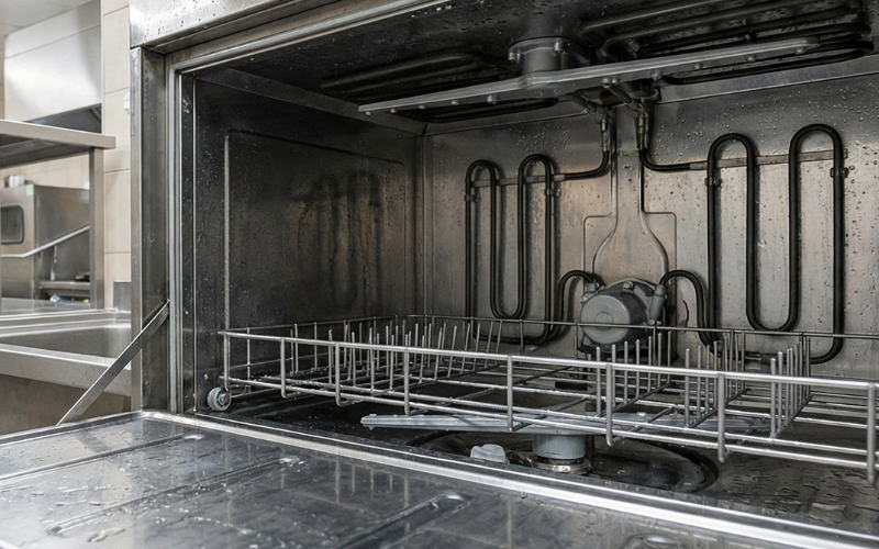 Open commercial dishwasher showing internal spray arms and heating elements in a professional kitchen