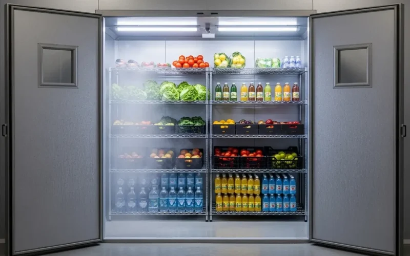 Open walk-in cooler filled with organized produce, beverages, and fresh food items