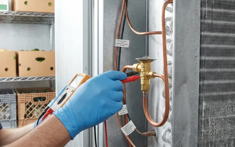 HVAC technician using a multimeter to test a thermostatic expansion valve and copper refrigeration lines on a commercial walk-in cooler evaporator system.