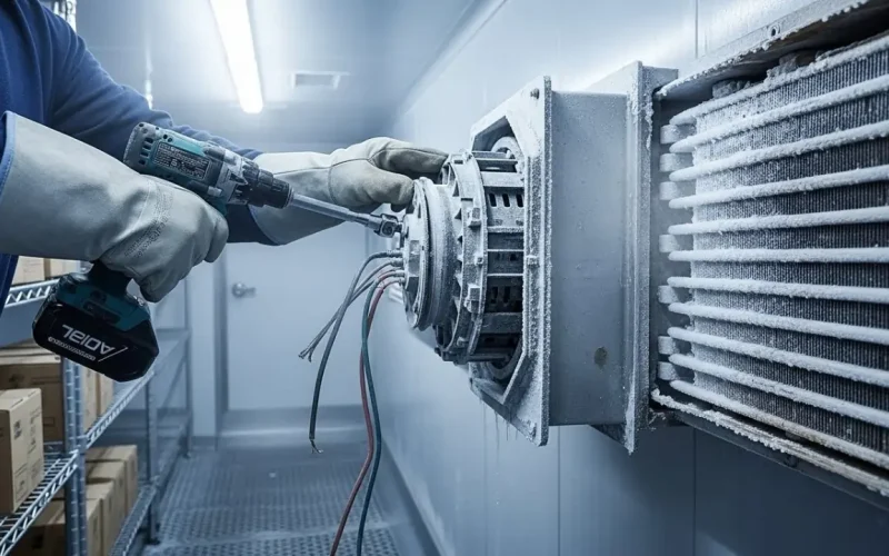 HVAC technician removing a frozen evaporator fan motor inside a commercial walk-in freezer, using a power drill to replace damaged components during emergency refrigeration repair.