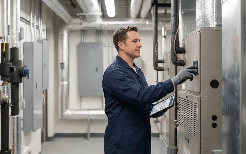 HVAC technician inspecting a commercial furnace and heating system control panel