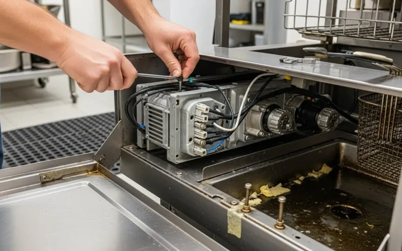 Technician repairing internal components of a commercial deep fryer in a professional kitchen