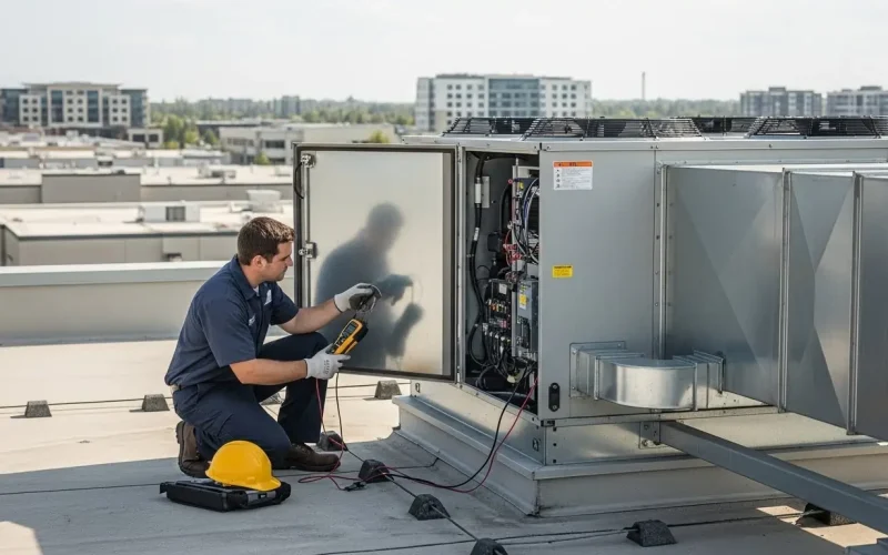 HVAC technician performing diagnostics on a commercial rooftop unit with open electrical panel