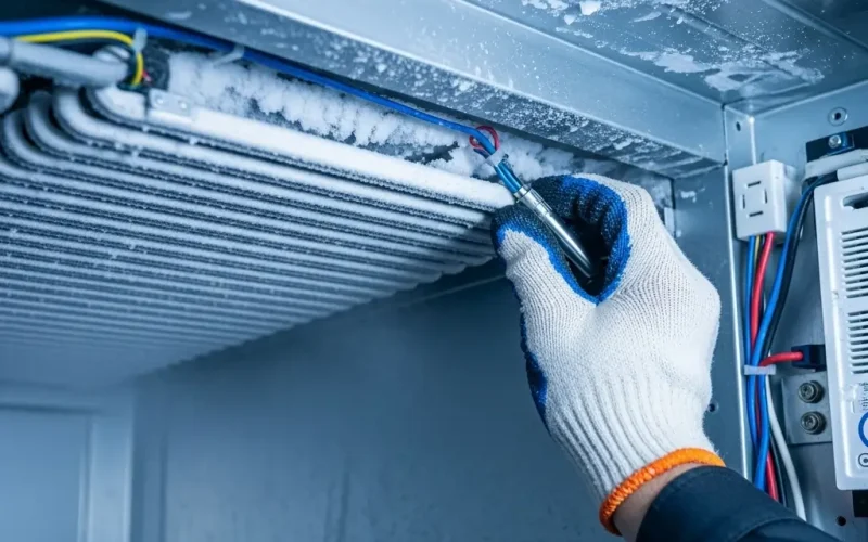 Technician repairing a frozen evaporator coil inside a commercial walk-in freezer, adjusting wiring and components during professional refrigeration service.