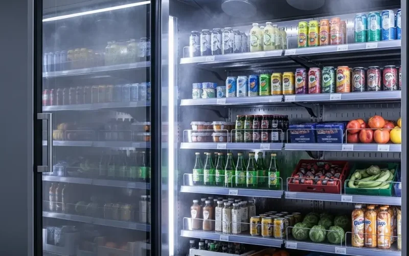 Open commercial display cooler stocked with drinks, produce, and packaged foods, showing proper cooling performance inside a walk-in refrigeration unit.