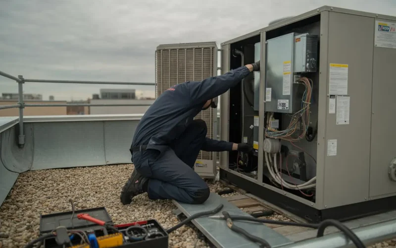 HVAC technician performing rooftop commercial unit maintenance with access panel open