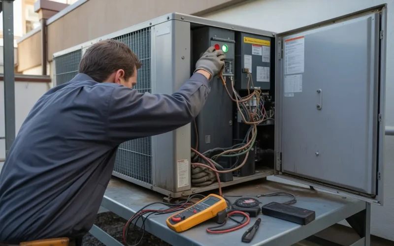 HVAC technician testing electrical components on commercial rooftop unit during maintenance