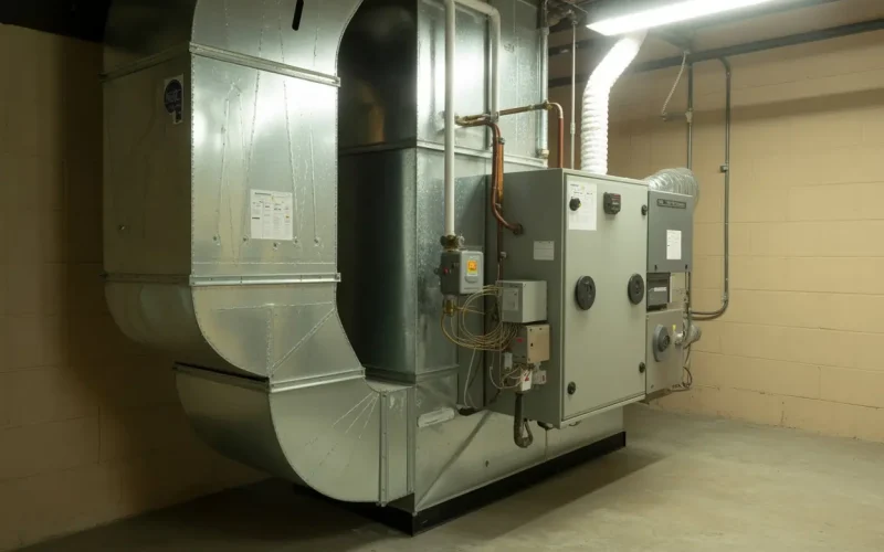 Commercial HVAC air handling unit with ductwork and control panel in mechanical room