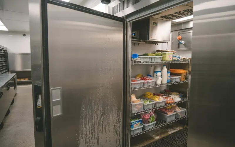 Open commercial walk-in cooler with organized food storage shelves in a professional kitchen