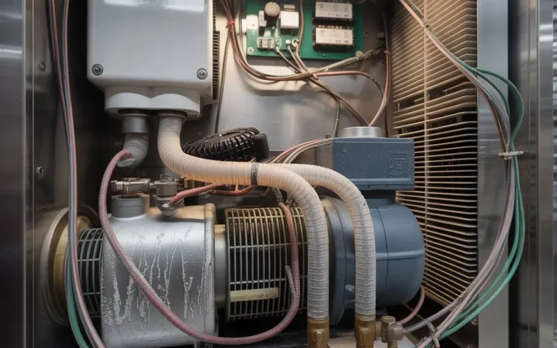 Internal components of a commercial refrigeration unit showing compressor, condenser coils, wiring, and control panel