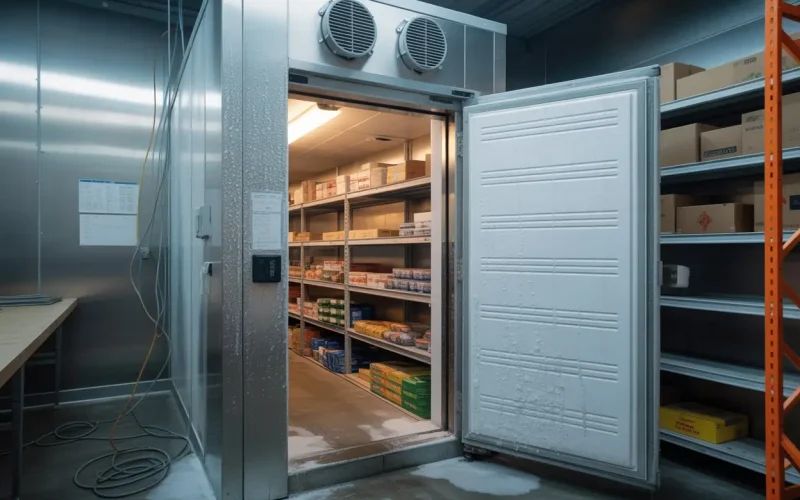 Walk-in cooler with open insulated door and organized shelving inside a commercial refrigeration room