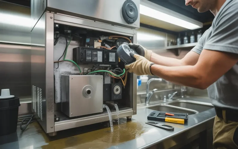 Technician inspecting internal electrical and mechanical components of a commercial ice machine during service