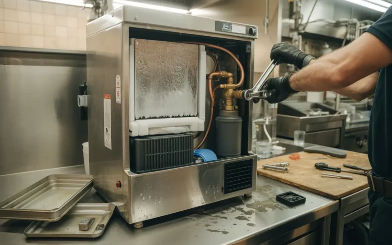 Technician repairing internal components of a commercial ice machine in a professional kitchen